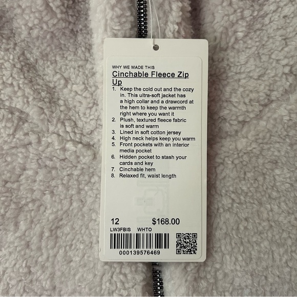 NWT Lululemon Cinchable Fleece Zip-Up Jacket in White Opal - Size 12 - Picture 14 of 14